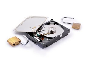 Hard disk protection broken on a white background with two opened padlocks